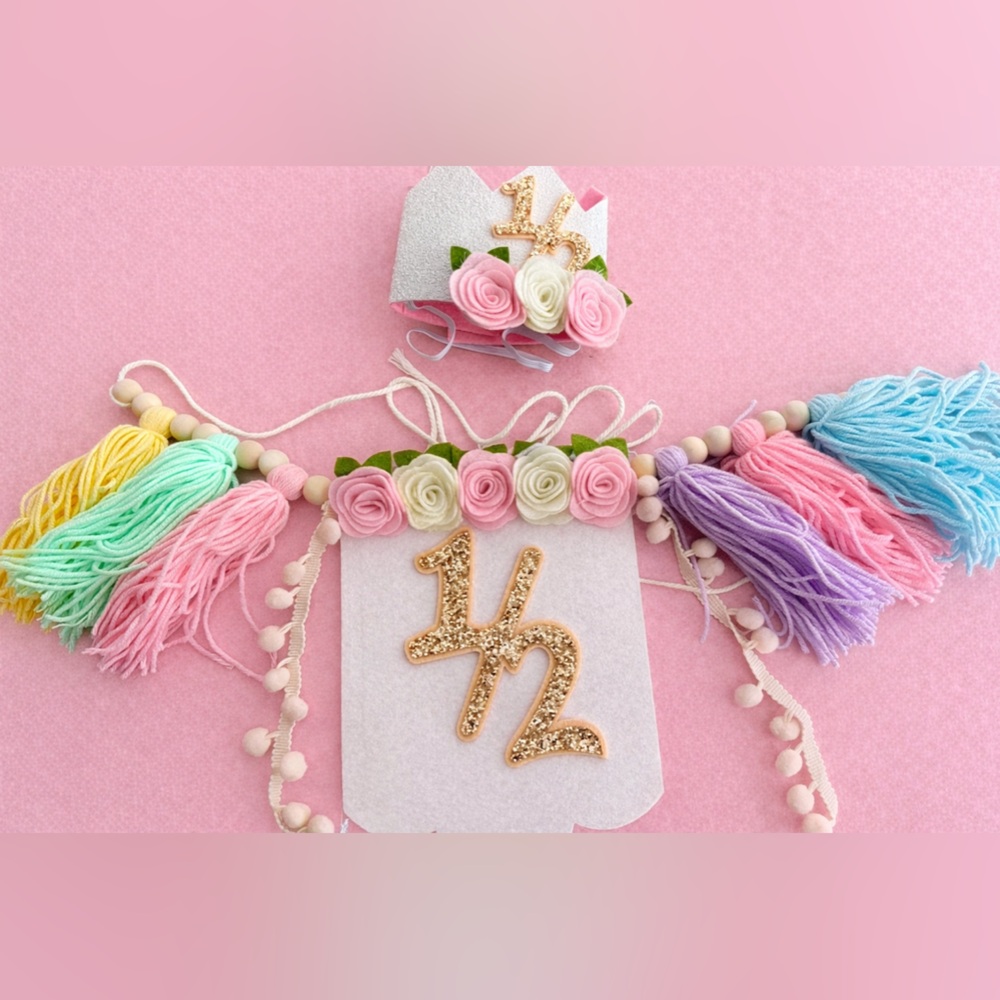 Colorful Kids Birthday Crown and Banner Set